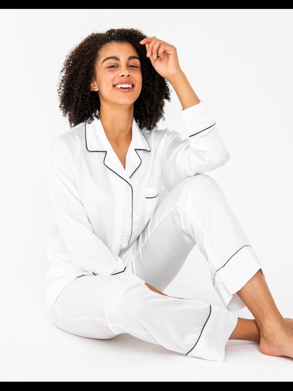 Ettitude Bamboo White Pajama Set with Black Piping Button Top & Pants